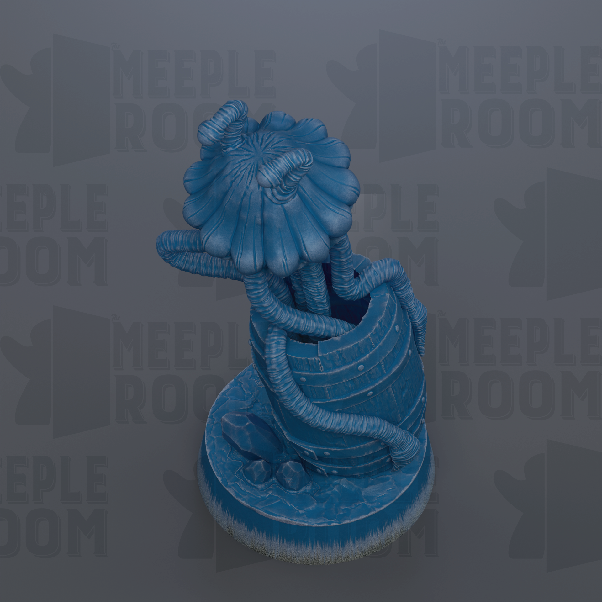 A blue, abstract sculpture resembling a flower or plant with intricate, organic shapes and lines.