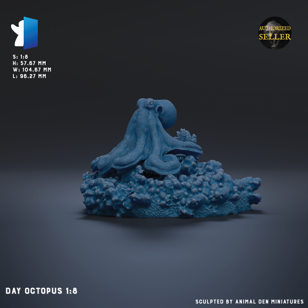 a blue octopus figurine sitting on a pile of rocks.