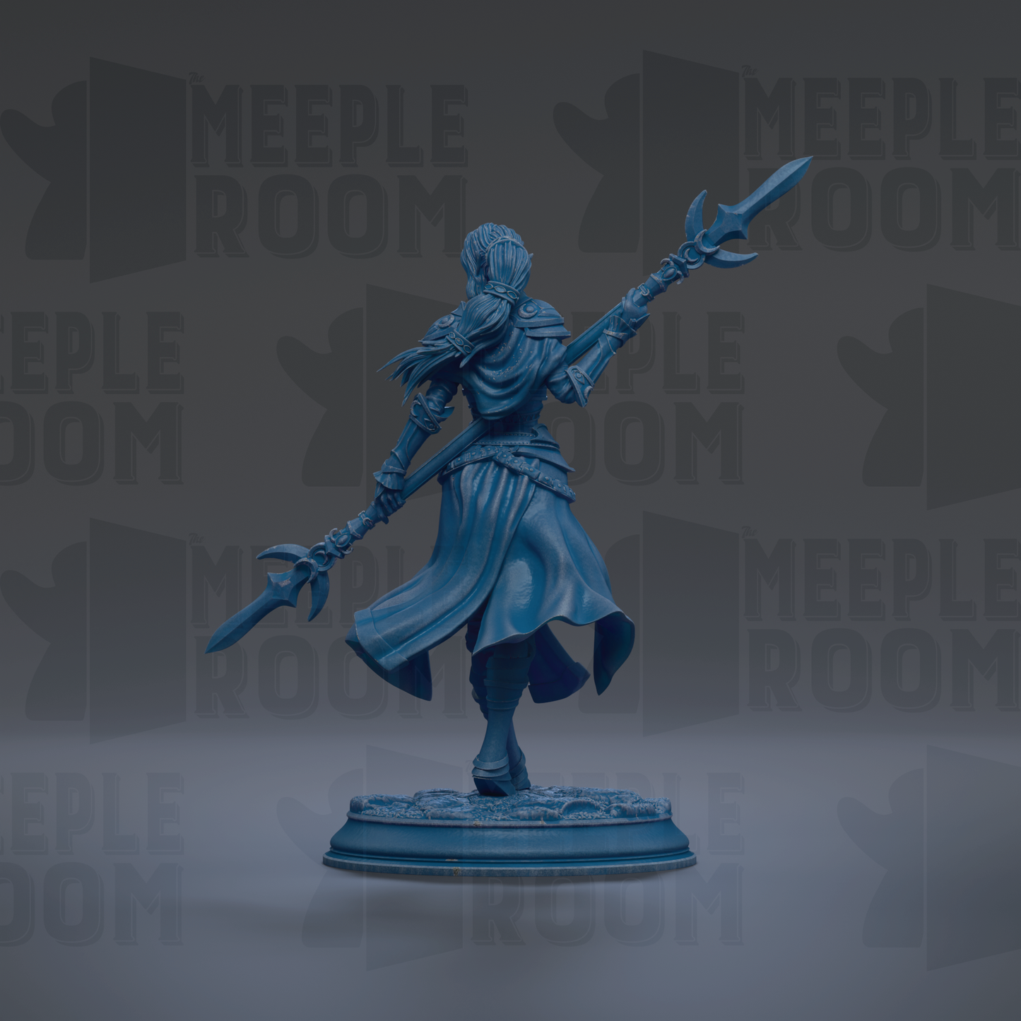 A blue figurine of a warrior standing on a base, holding a spear and sword, with the text "MEEPLE ROOM" repeated in the background.