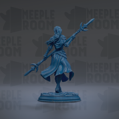 A blue figurine of a warrior standing on a base, holding a spear and sword, with the text "MEEPLE ROOM" repeated in the background.