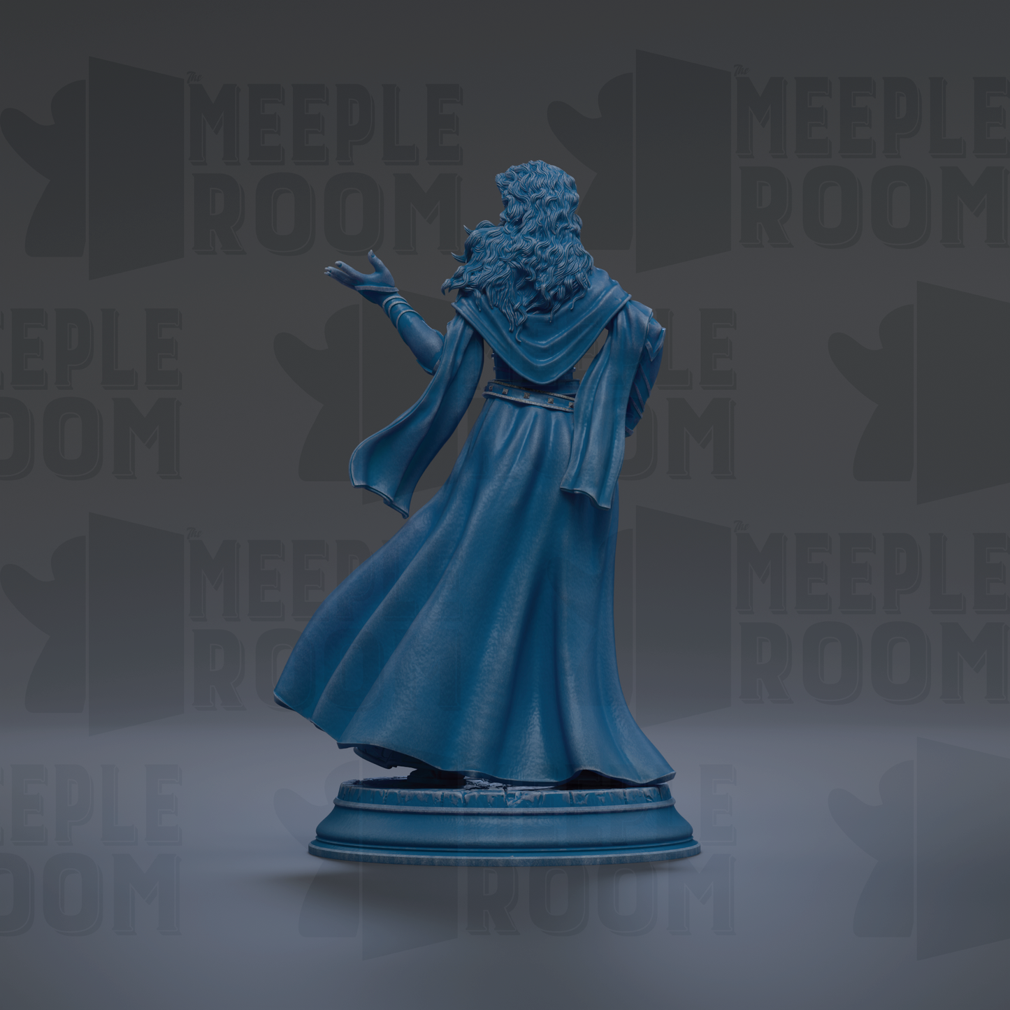 A blue statue of a figure with flowing robes and a long cape, standing on a pedestal against a dark background with repeated text.