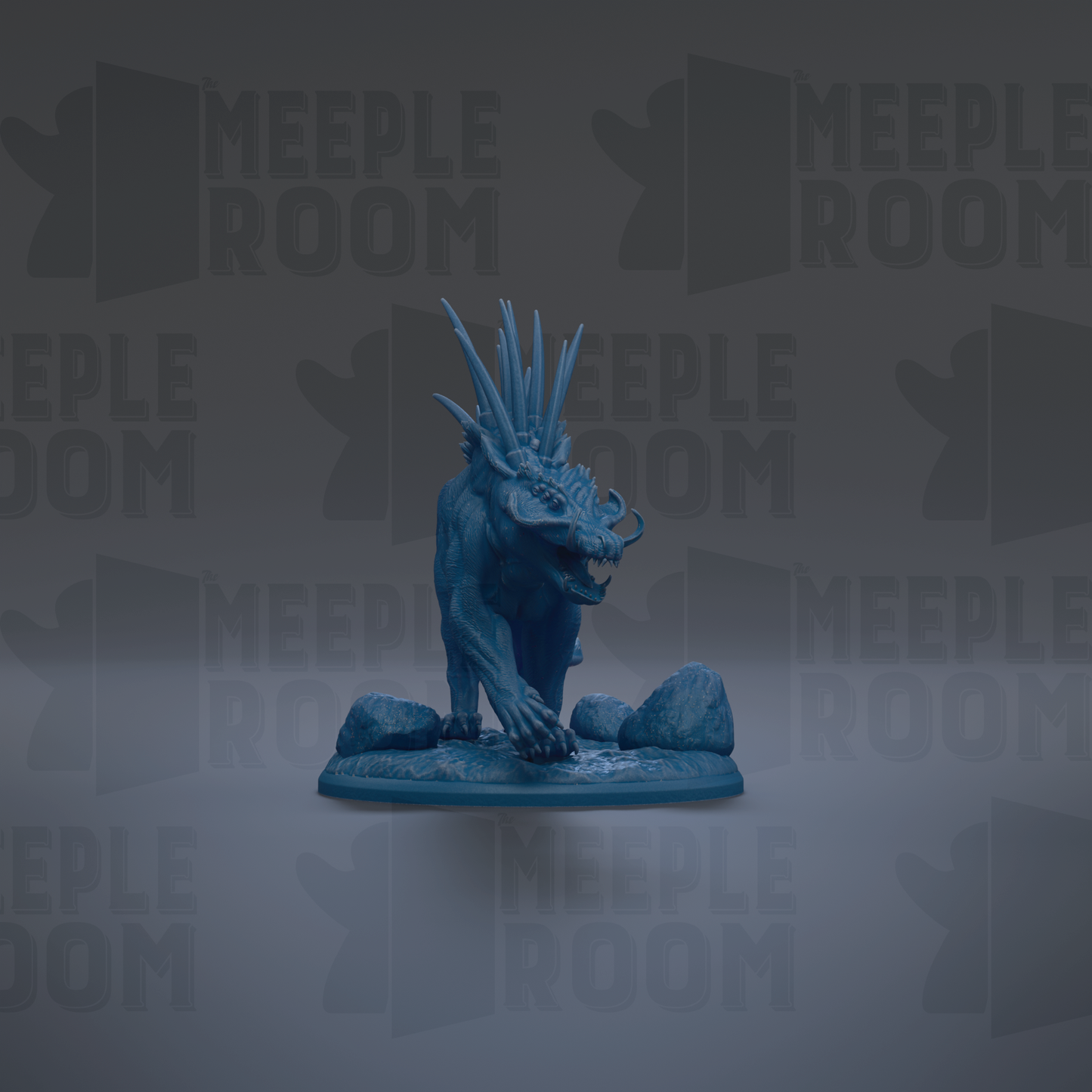 A blue, spiky figurine of a creature with sharp teeth and claws is displayed against a dark background with repeated text.