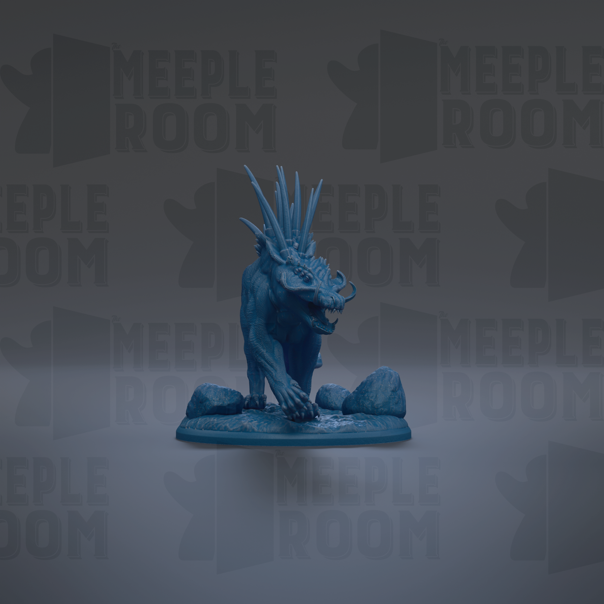A blue, spiky figurine of a creature with sharp teeth and claws is displayed against a dark background with repeated text.