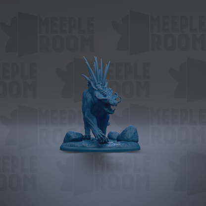 A blue, spiky figurine of a creature with sharp teeth and claws is displayed against a dark background with repeated text.