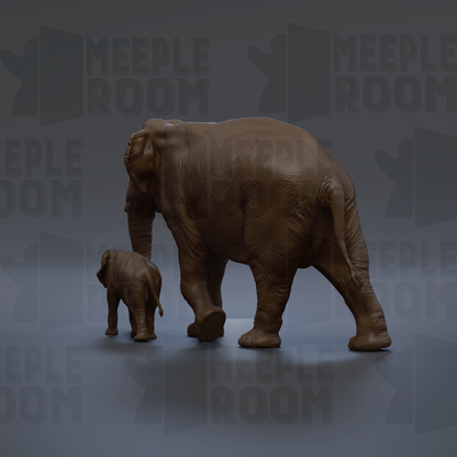 A 3D rendering of a large elephant and a smaller elephant, both appearing to be brown in color, walking together. The background of the image is dark gray, and there are repeated instances of the text "MEUPLE ROOM" in the background.