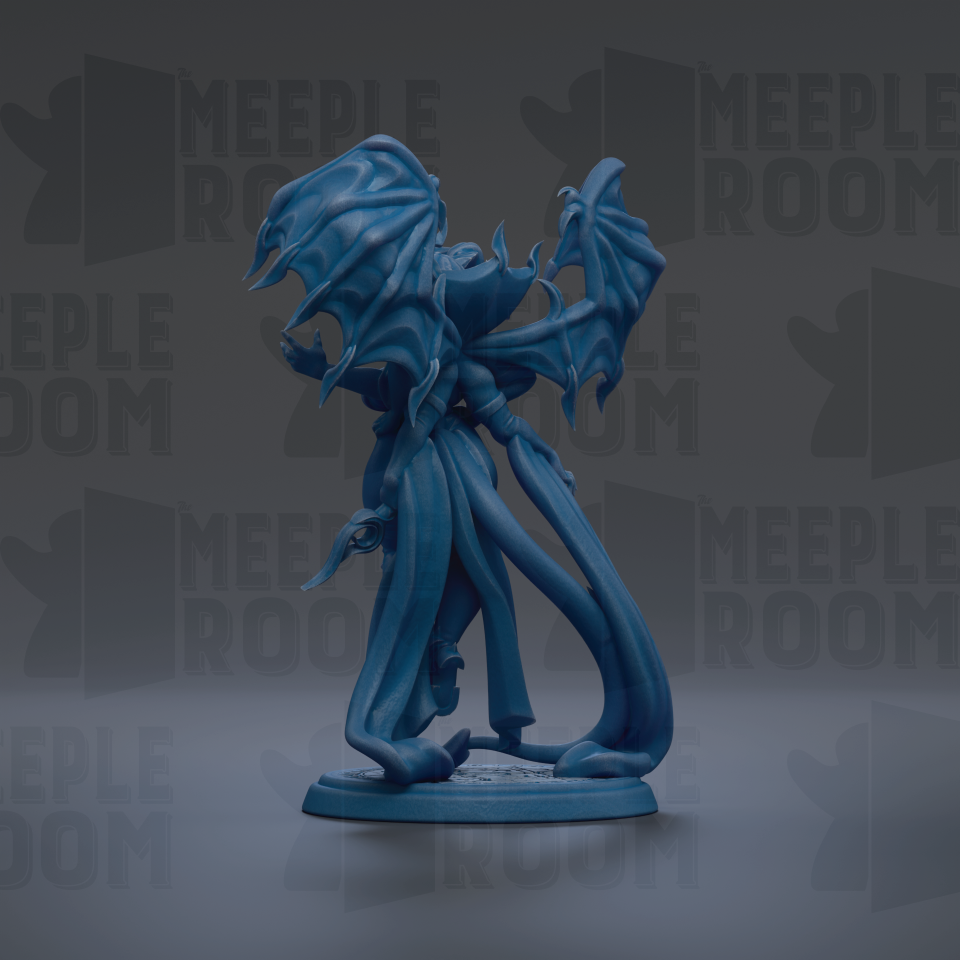 A blue, winged figurine with a long, flowing cape stands on a base against a dark background with repeated text.