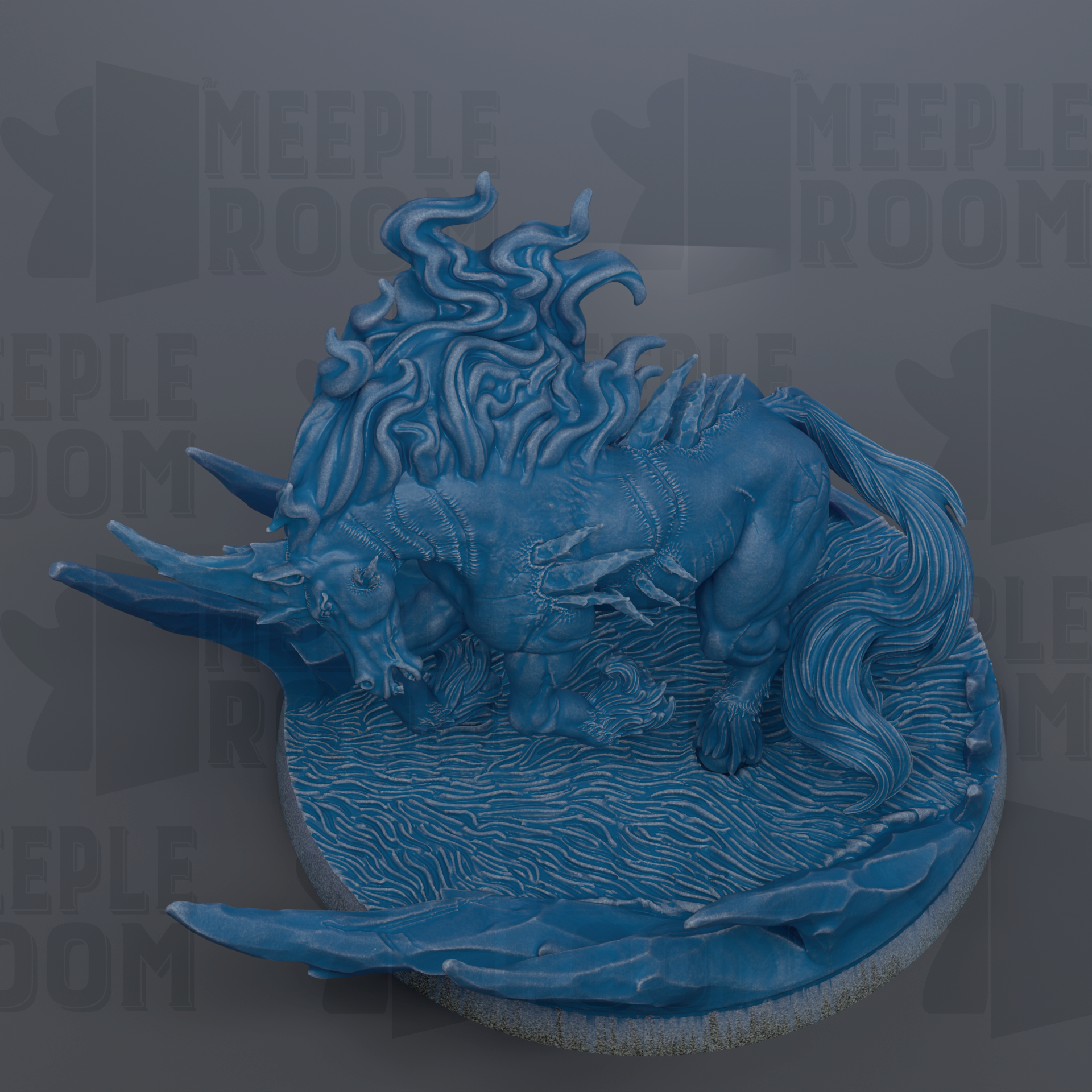 A blue, fantastical creature resembling a dragon or mythical being, with flowing, flame-like patterns on its body, is depicted in the image.