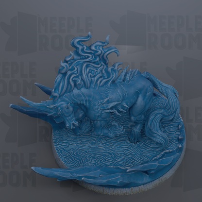 A blue, fantastical creature resembling a dragon or mythical being, with flowing, flame-like patterns on its body, is depicted in the image.