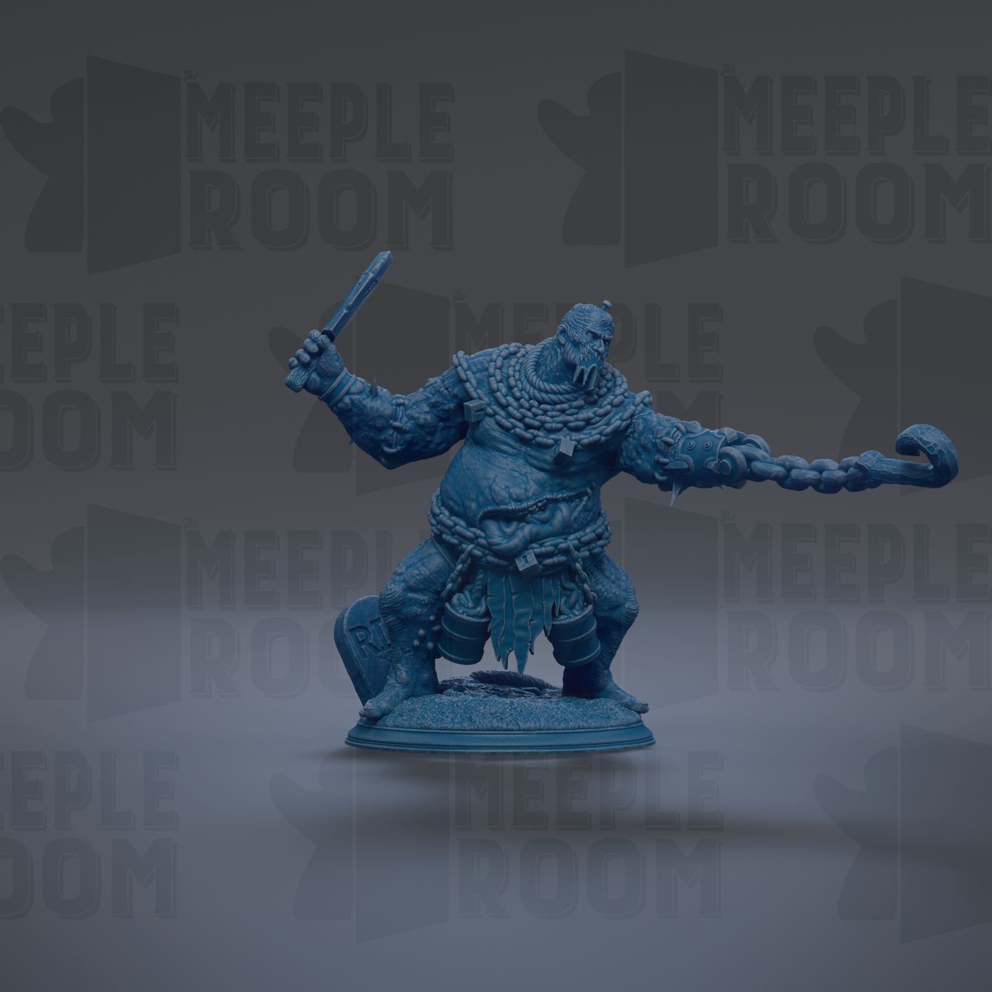 A blue figurine of a warrior figure holding a sword and shield, standing on a platform against a dark background with repeated text.
