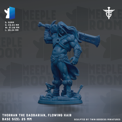 a figurine of a muscular, blond-haired warrior wielding a sword and shield, standing on a base. The figurine is described as "Thorn the Daddarian, flowing hair" and is "base size: 25mm". The image is a collage of various images, and it is not a single image but a collection of images.