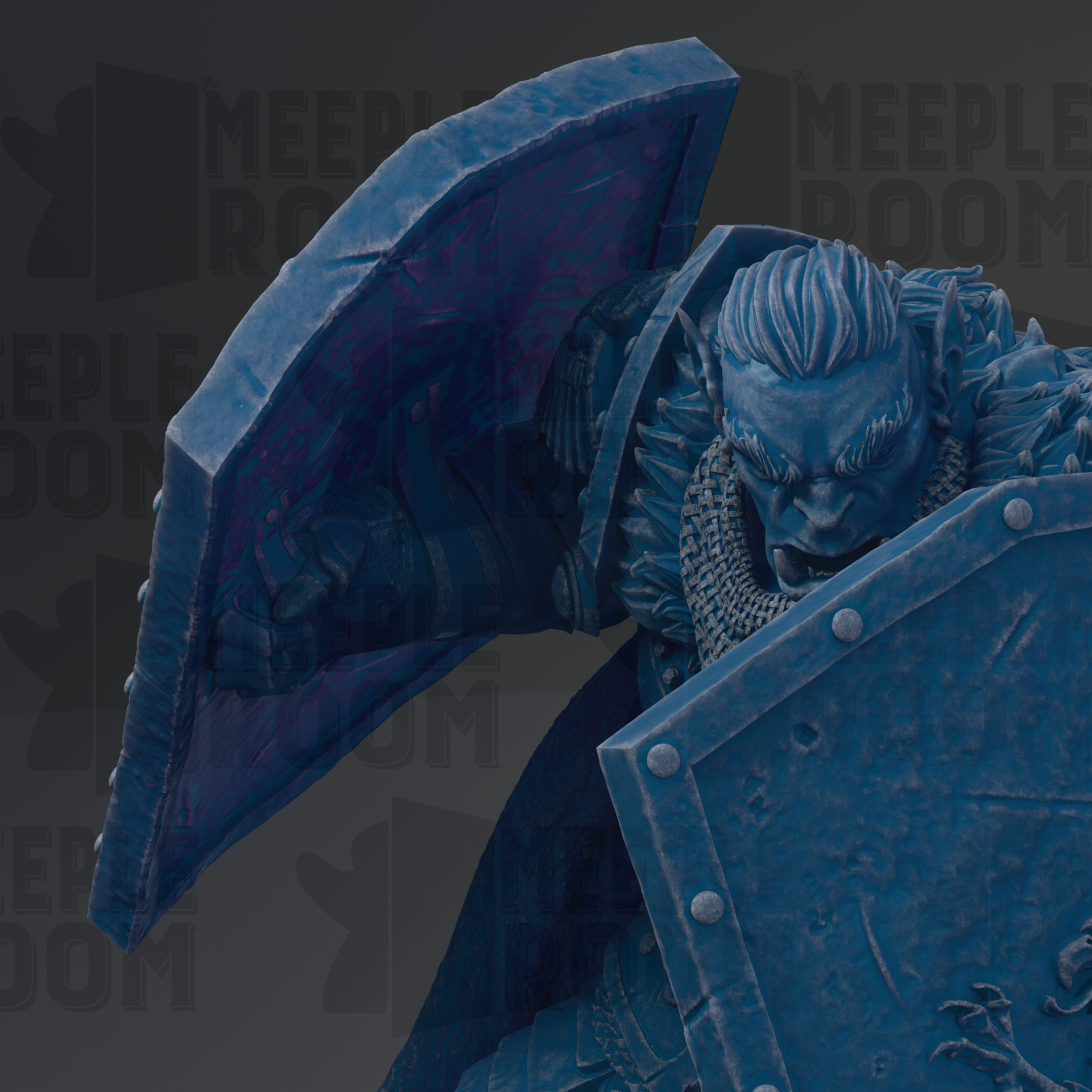 A close-up view of a blue, armored figure wielding a shield, with the text "MEELP ROOM" visible in the background.