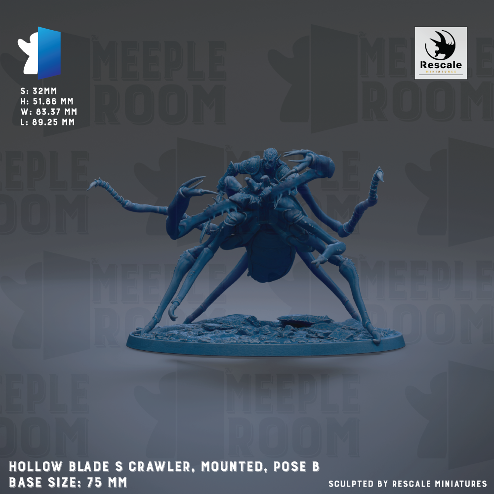 The image is a detailed model of a blue, multi-legged creature resembling a spider or crawler, mounted on a base. The creature has a large head and legs, and it appears to be in a crouched or crawling position. The image is described as a "Hole Blade S Crawler, Mounted, Pose B" and is shown in a base size of 75 mm. The image is described as being "Sculpted by Rescue Miniatures".