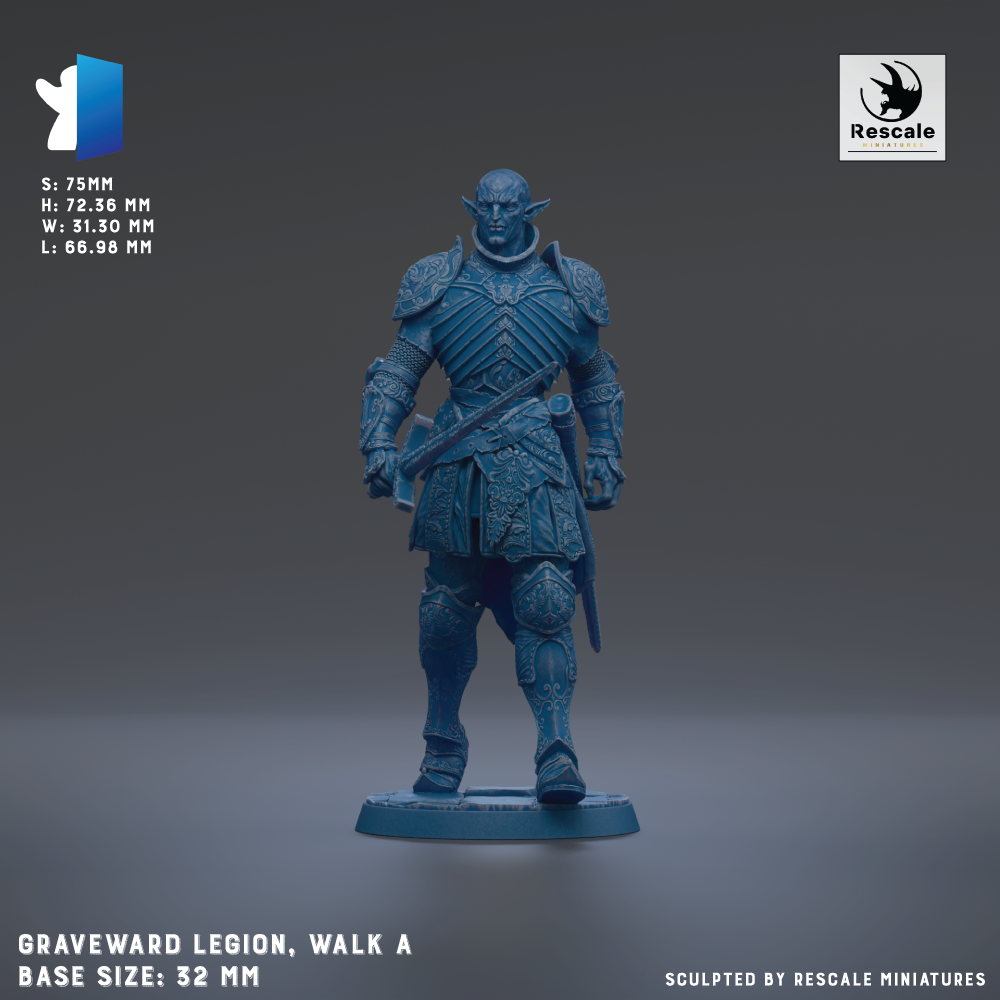 a figurine of a warrior standing in a fighting stance, wearing a blue armor and holding a sword. The figurine is of a base size of 32mm.