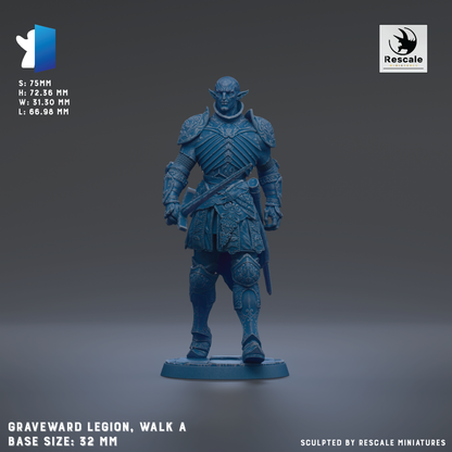 a figurine of a warrior standing in a fighting stance, wearing a blue armor and holding a sword. The figurine is of a base size of 32mm.