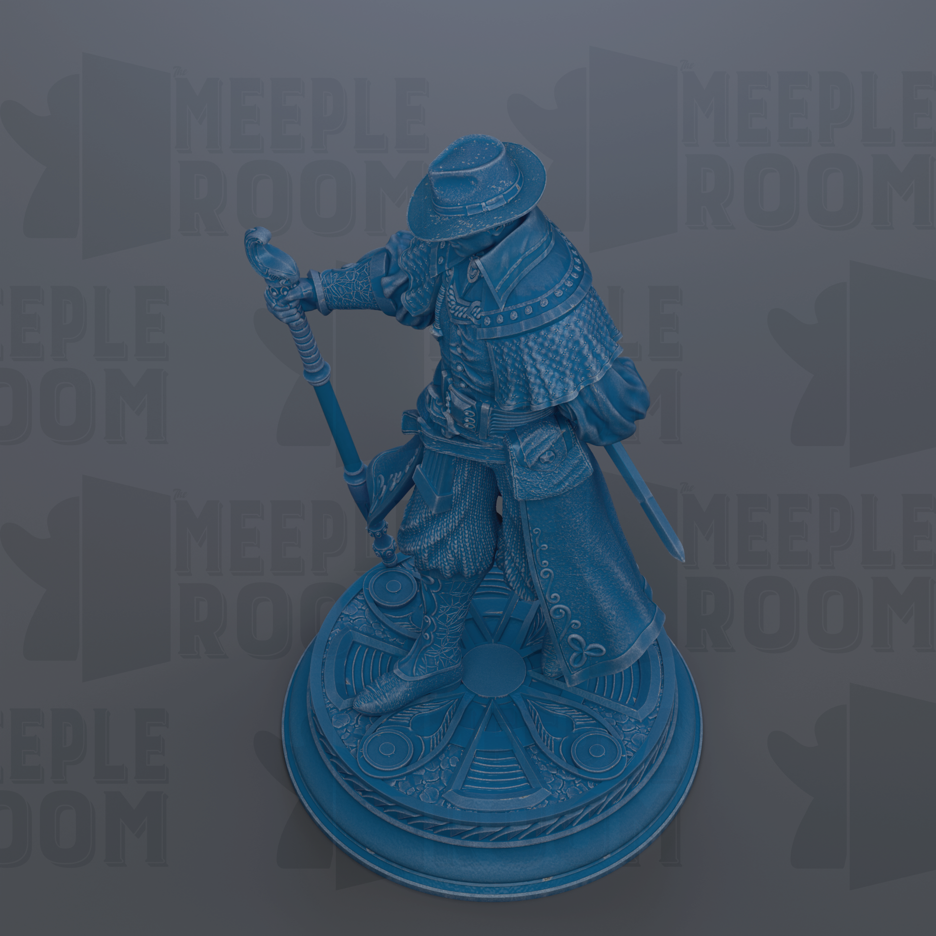 A blue statue of a person holding a staff and sword, standing on a circular base.