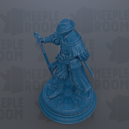 A blue statue of a person holding a staff and sword, standing on a circular base.