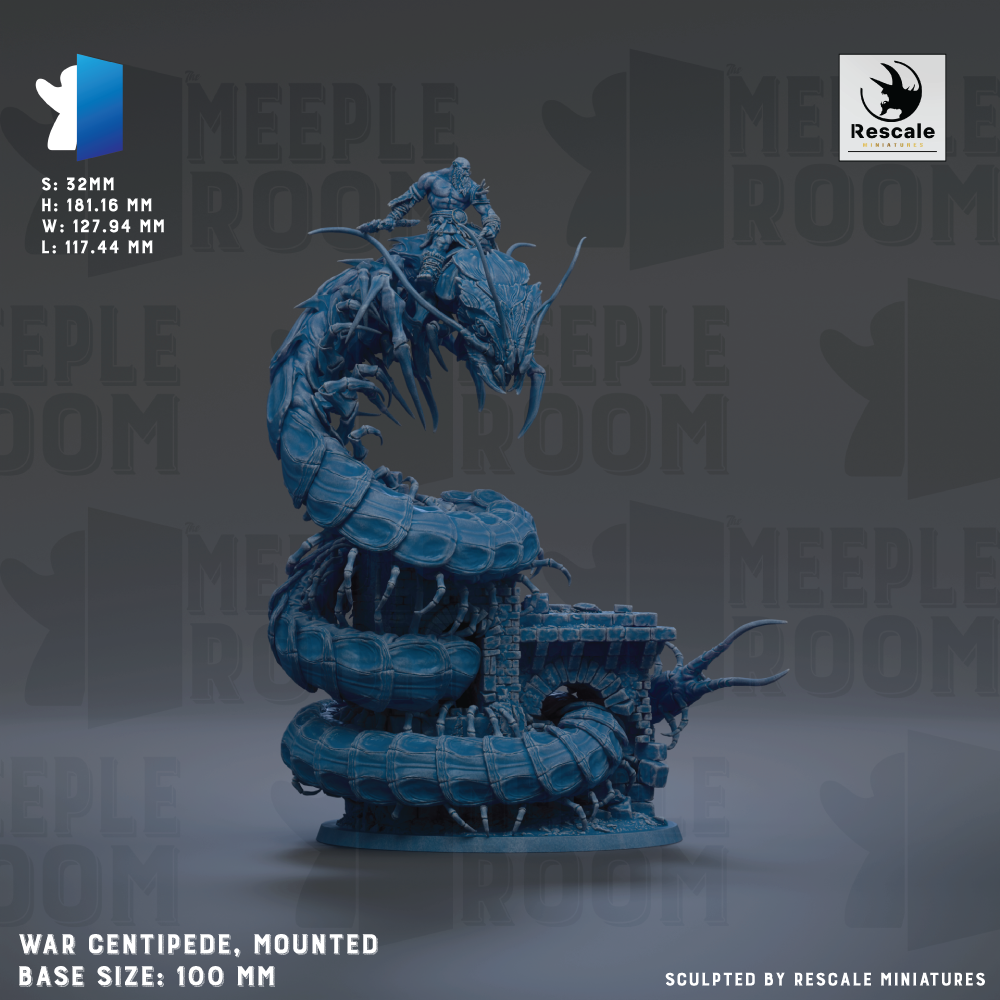 The image is a detailed 3D rendering of a large, blue, coiled snake-like creature with a human-like figure riding on its back. The creature appears to be a war centipede, mounted on a base of 100 millimeters. The image is a collage of various images, and it is described as being sculpted by Rescale miniatures.