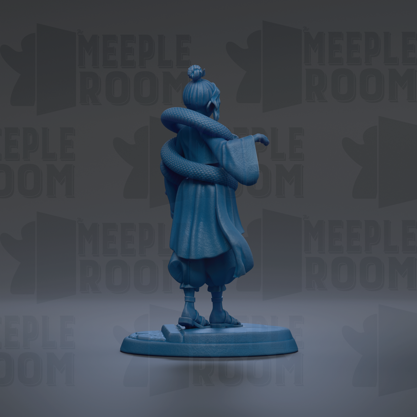 A blue figurine of a person with a snake wrapped around their neck, standing on a platform against a dark background with repeated text.