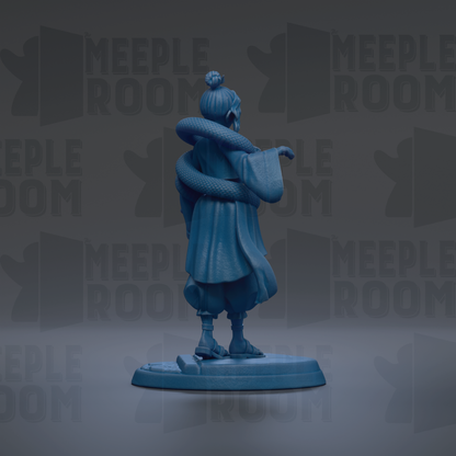 A blue figurine of a person with a snake wrapped around their neck, standing on a platform against a dark background with repeated text.