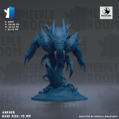 The image is a detailed 3D model of a blue, fantastical creature with sharp teeth and claws, standing on a base. The creature appears to be a large, imposing figure, possibly a monster or a dragon-like creature. The image is described as a "sculpted by Rescue" model, indicating that it is a professionally crafted miniature. The base size of the model is 75 millimeters, and it is described as a "MEETHEG BASE SIZE."