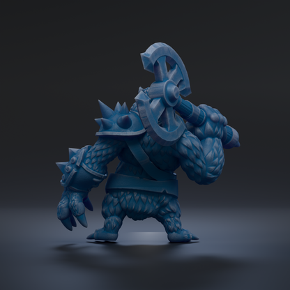 A 3D rendering of a blue armored character with spikes and a large weapon, standing on a dark surface.