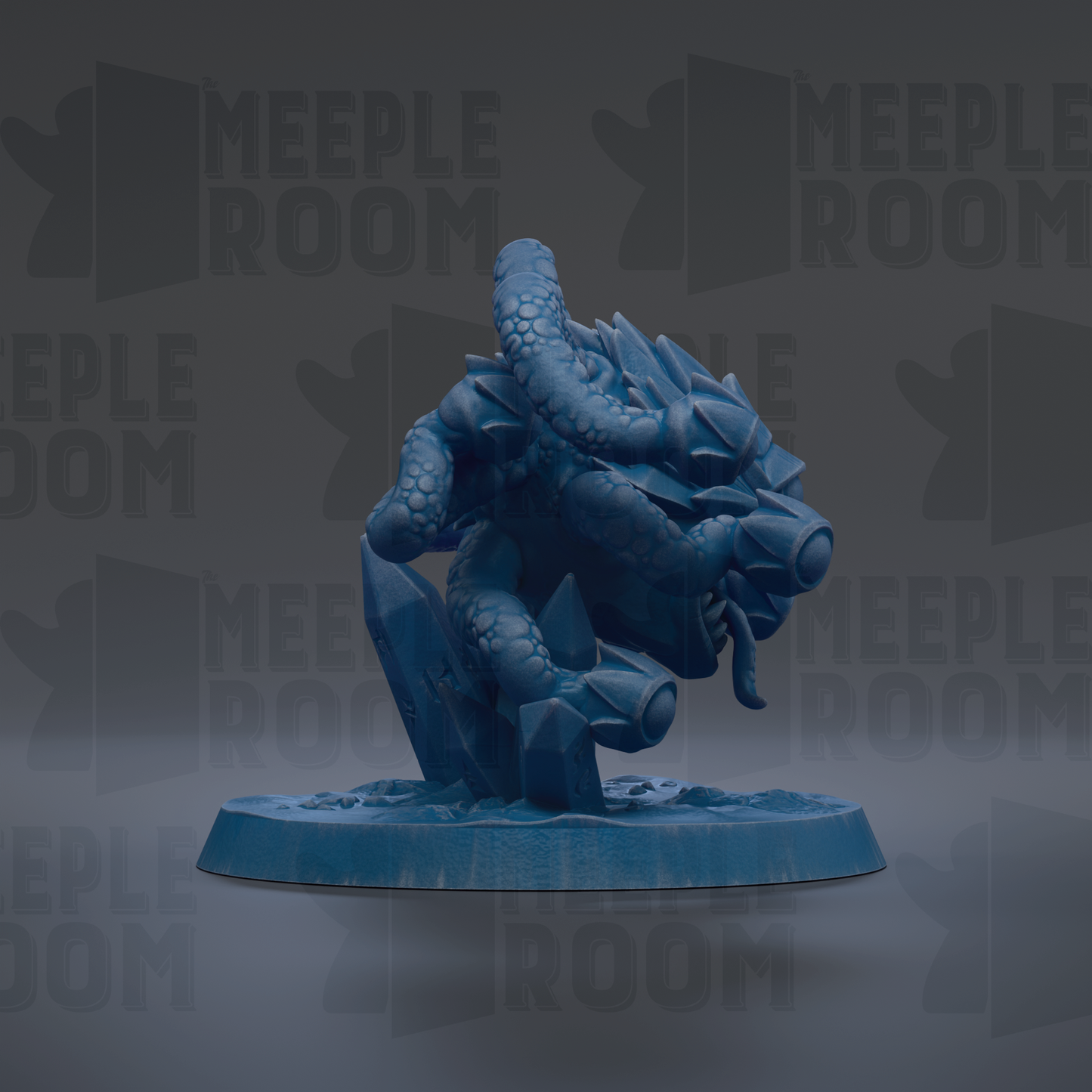 A blue, 3D-rendered dragon figurine is displayed against a dark background with repeated text.