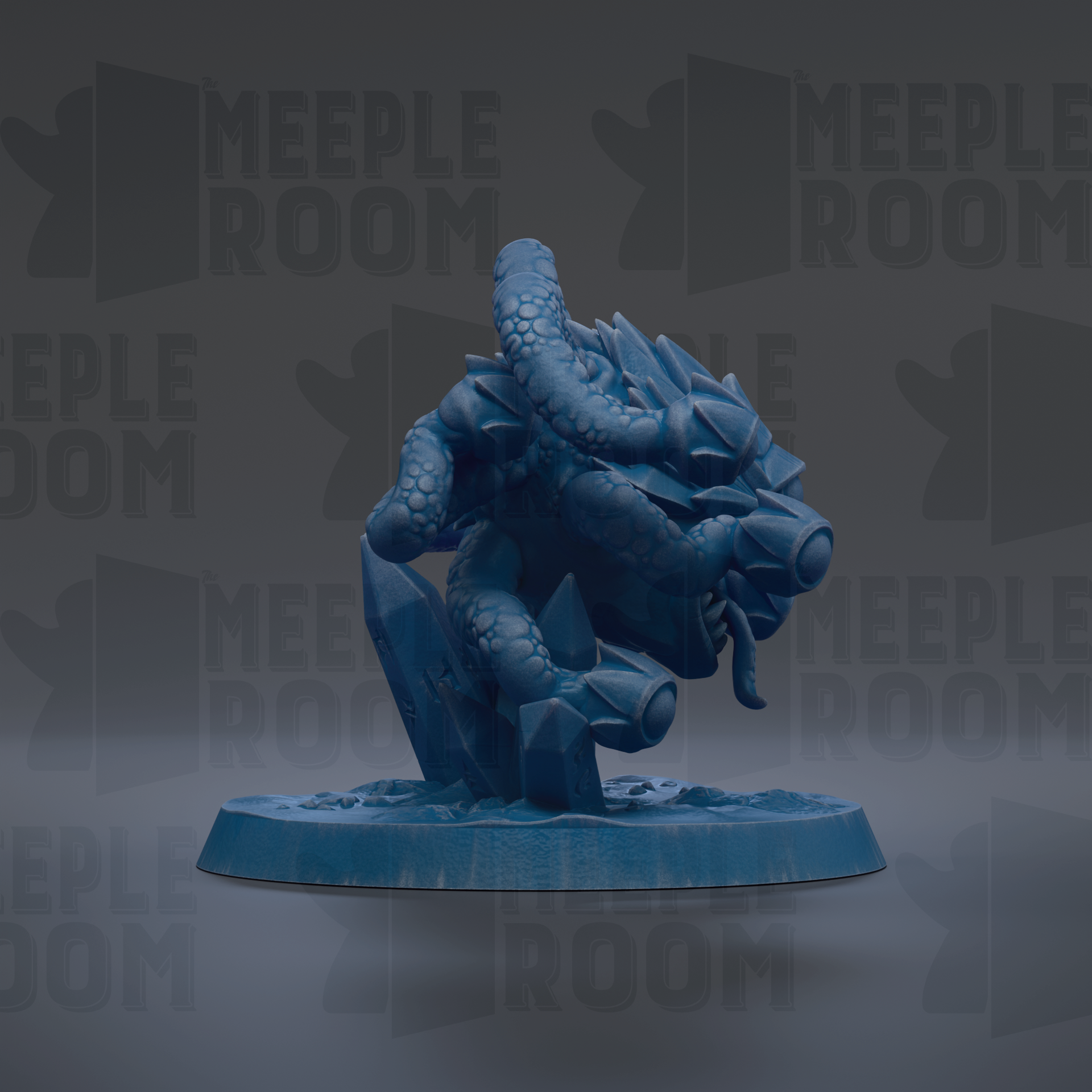 A blue, 3D-rendered dragon figurine is displayed against a dark background with repeated text.