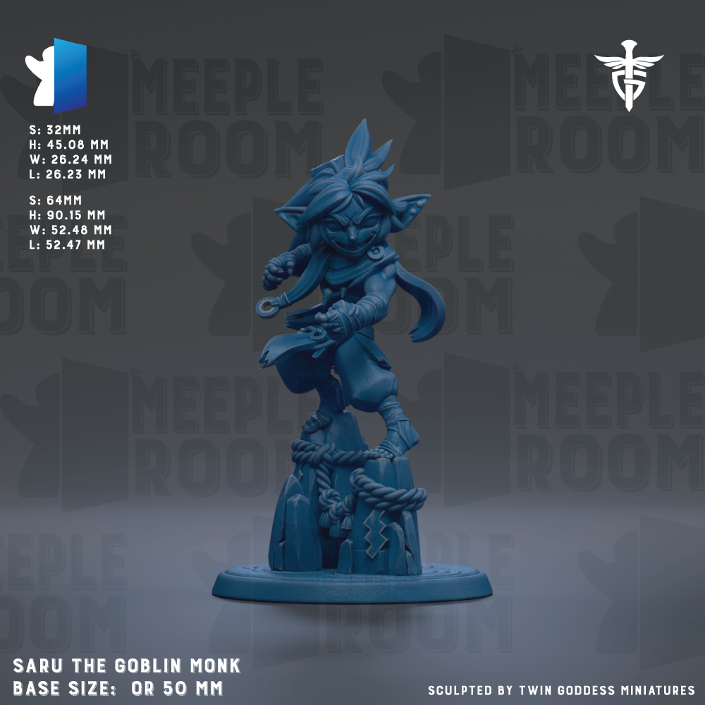 a figurine of a blue-colored character with a pointed hat and a long beard, standing on a pedestal. The figurine appears to be a character from the video game "Saru the Goblin Monk". The image is described as a "base size: OR 50 mm" and is "sculpted by Twin Goddess miniatures".