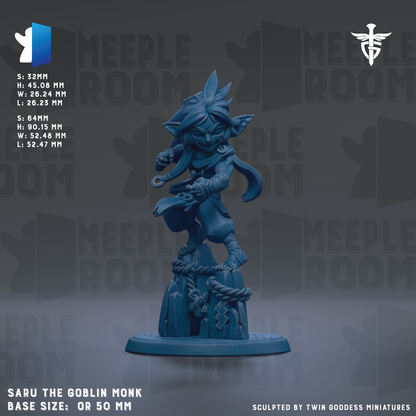 a figurine of a blue-colored character with a pointed hat and a long beard, standing on a pedestal. The figurine appears to be a character from the video game "Saru the Goblin Monk". The image is described as a "base size: OR 50 mm" and is "sculpted by Twin Goddess miniatures".