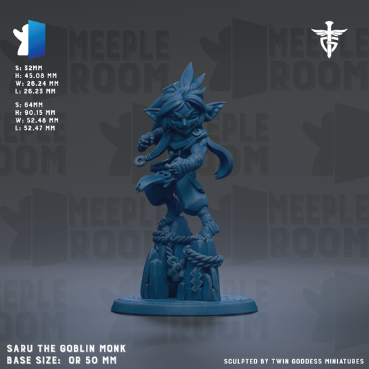 a figurine of a blue-colored character with a pointed hat and a long beard, standing on a pedestal. The figurine appears to be a character from the video game "Saru the Goblin Monk". The image is described as a "base size: OR 50 mm" and is "sculpted by Twin Goddess miniatures".