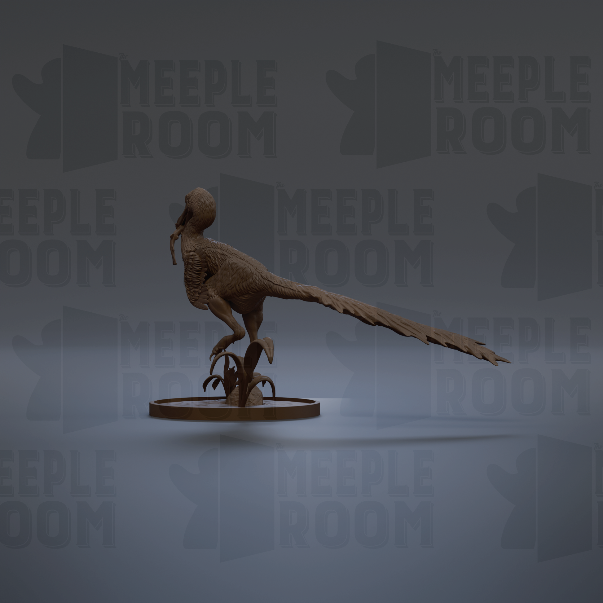 A 3D rendering of a dinosaur-like creature with a long tail, standing on a circular base.