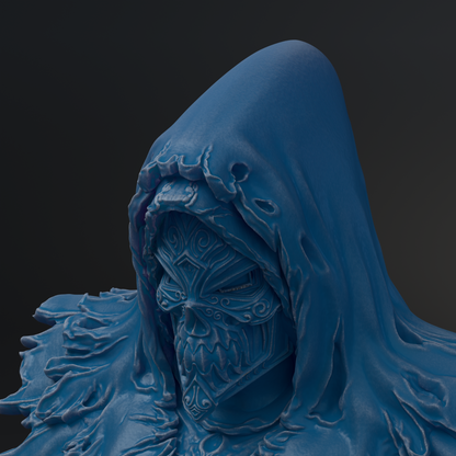A close-up view of a blue, hooded figure with intricate, detailed facial features and a hooded design.