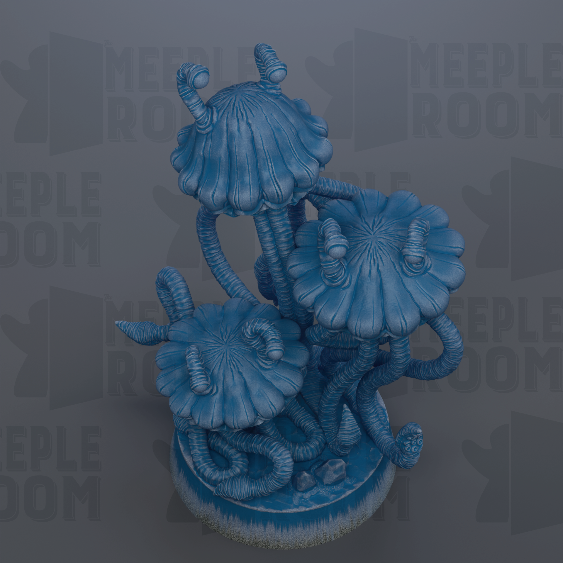 A 3D rendering of a blue, organic-looking mushroom-like structure with intricate, spiral-like patterns.