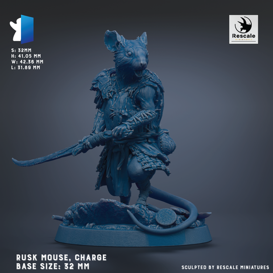 A blue 3D model of a mouse-like character, likely a mouse or rat, holding a sword and standing on a base. The base sizes are 32 mm.