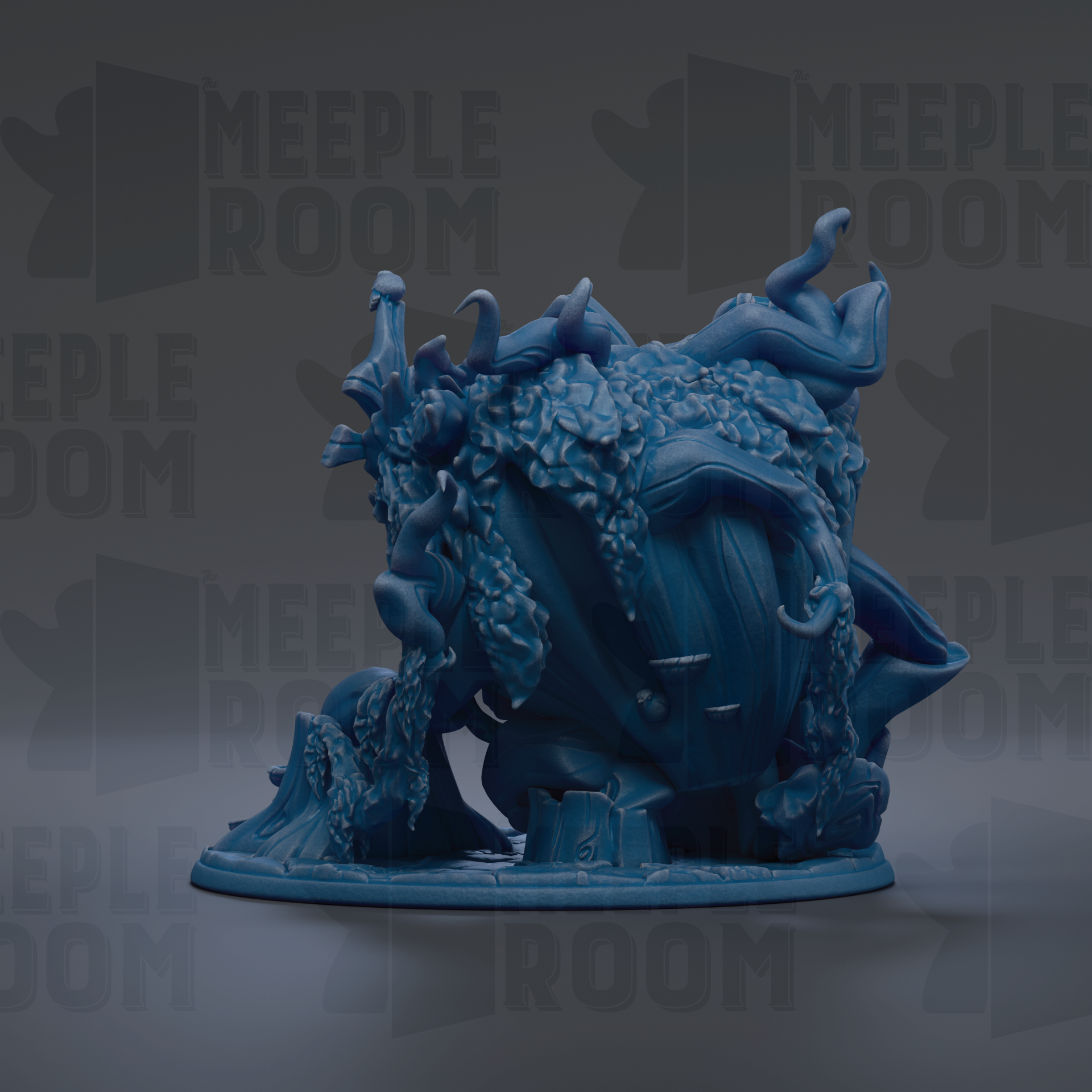 A 3D rendering of a blue, abstract sculpture with organic, flowing shapes and textures.