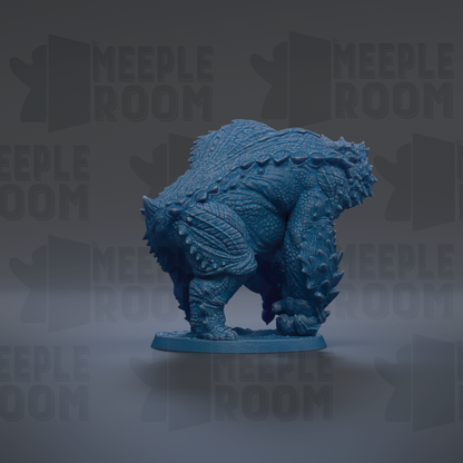 A 3D model of a blue, armored dinosaur-like creature with sharp teeth and claws, standing on a base.
