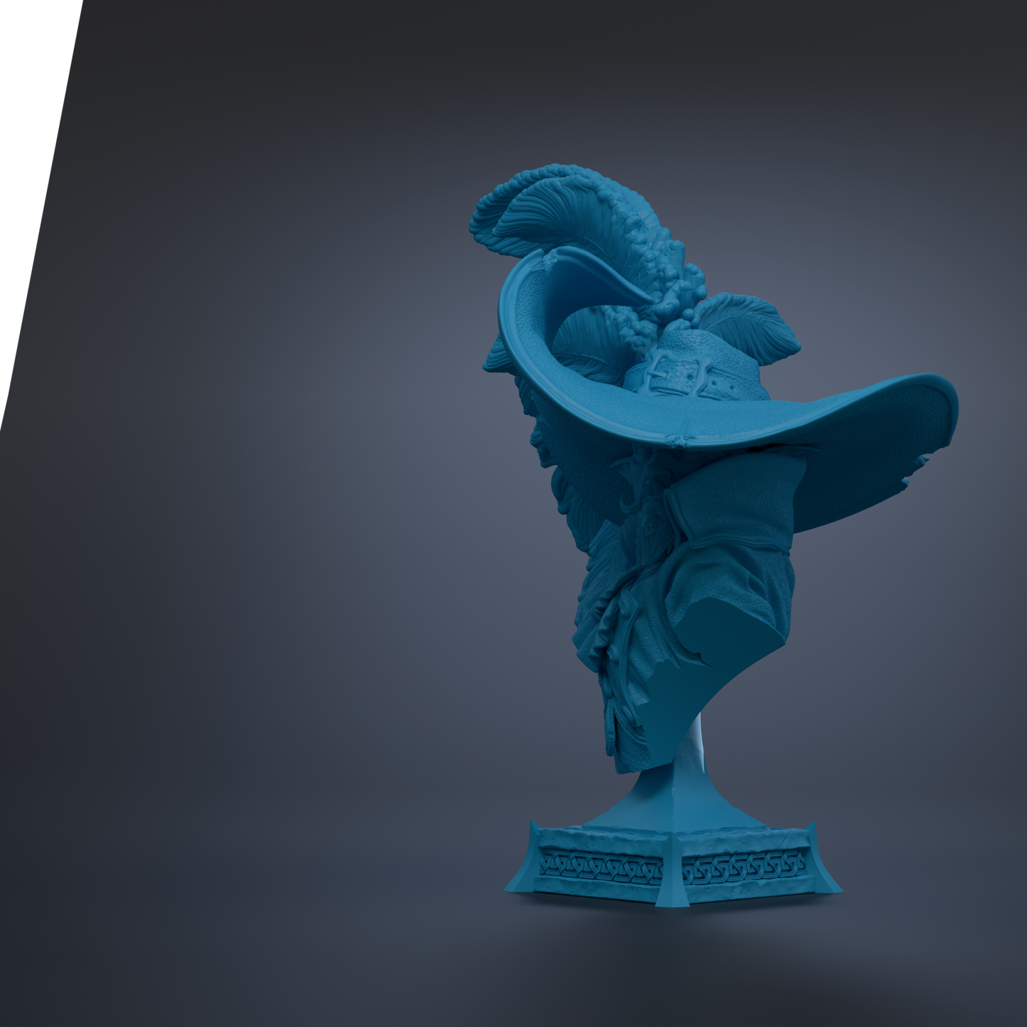 A blue statue of a person wearing a hat with a large feather on top, standing on a pedestal.