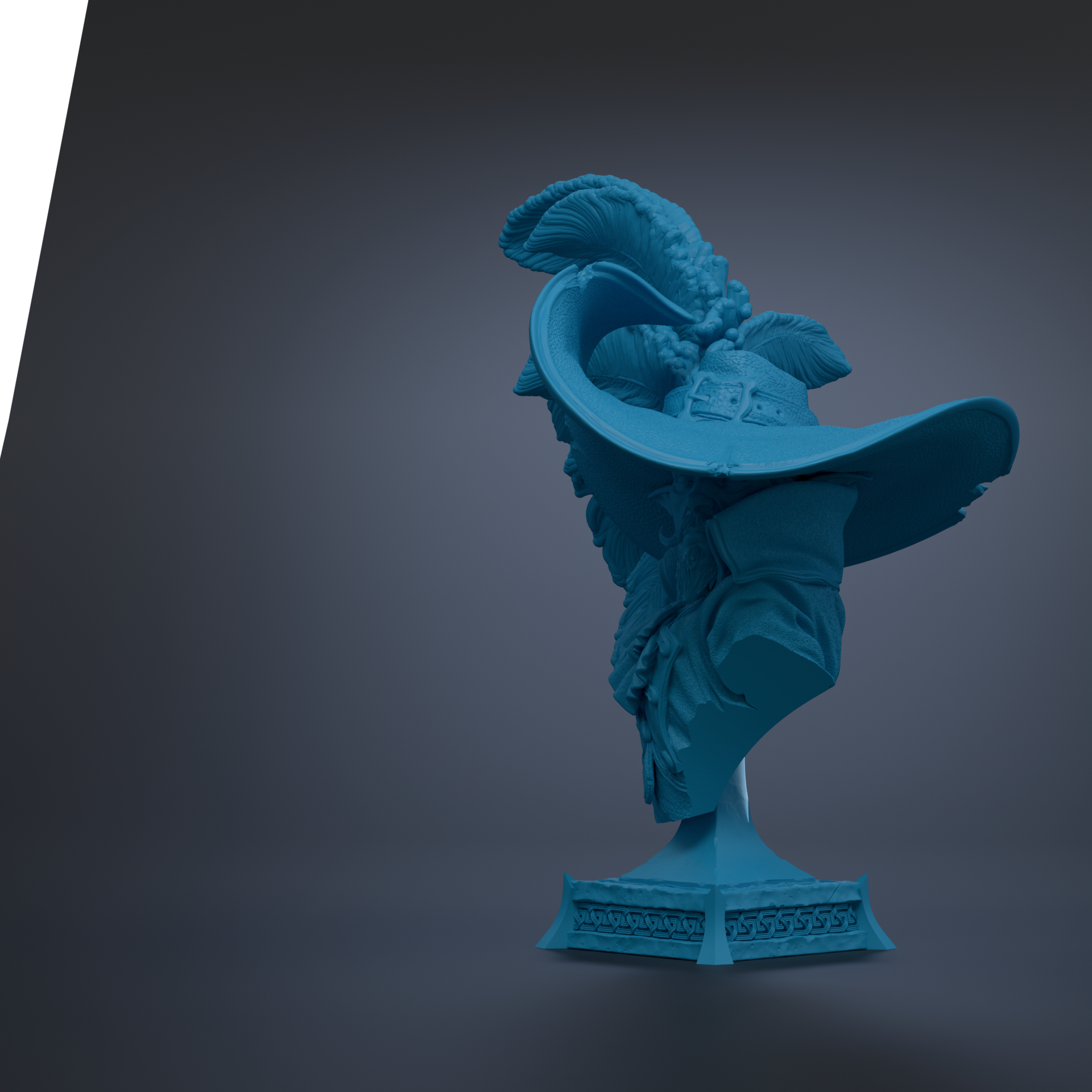 A blue statue of a person wearing a hat with a large feather on top, standing on a pedestal.