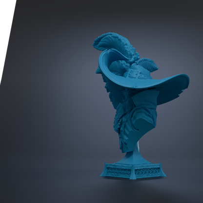 A blue statue of a person wearing a hat with a large feather on top, standing on a pedestal.