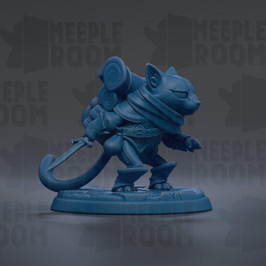 A blue figurine of a cat-like creature, possibly a mouse or a rat, standing on a base and holding a weapon.