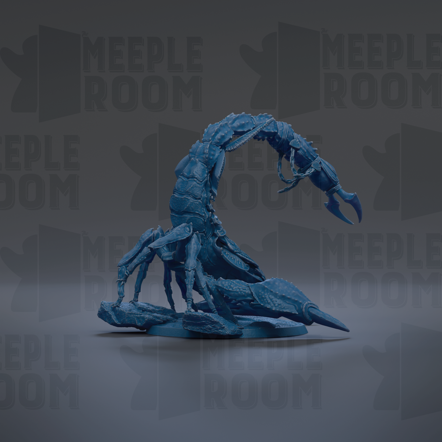 A blue, 3D-rendered scorpion figurine is shown against a dark background with repeated text.