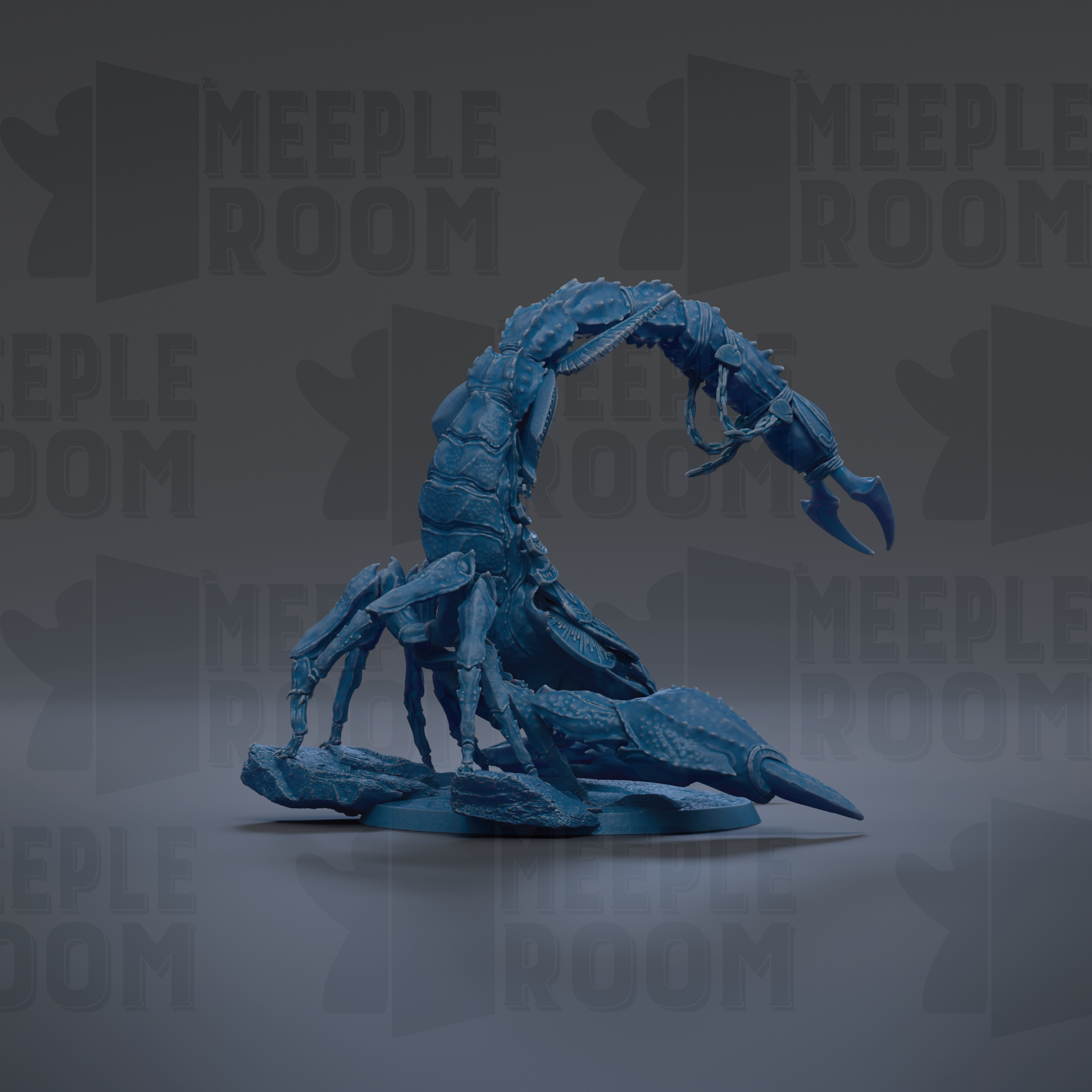 A blue, 3D-rendered scorpion figurine is shown against a dark background with repeated text.