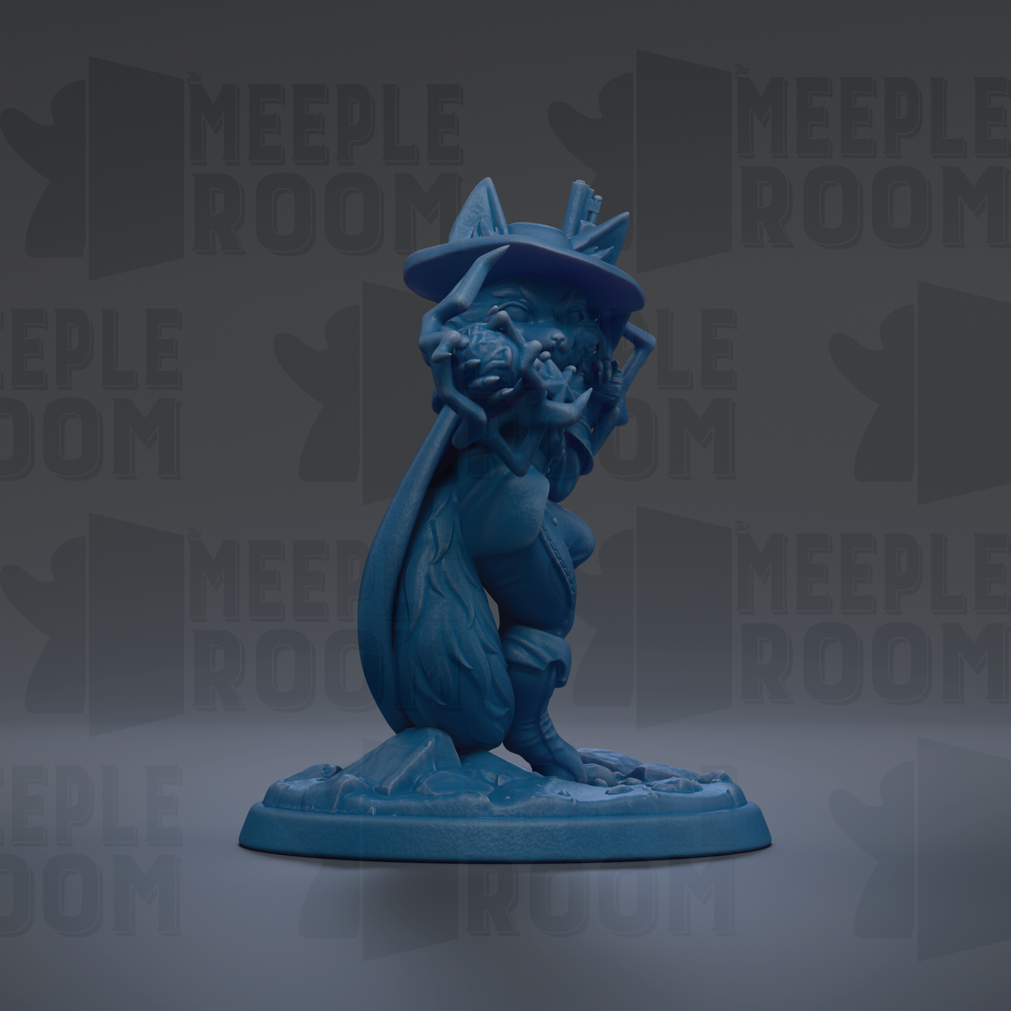 A blue figurine of a person wearing a hat and holding a weapon, standing on a base.