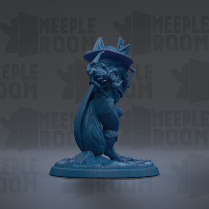 A blue figurine of a person wearing a hat and holding a weapon, standing on a base.