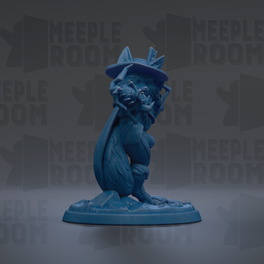 A blue figurine of a person wearing a hat and holding a weapon, standing on a base.