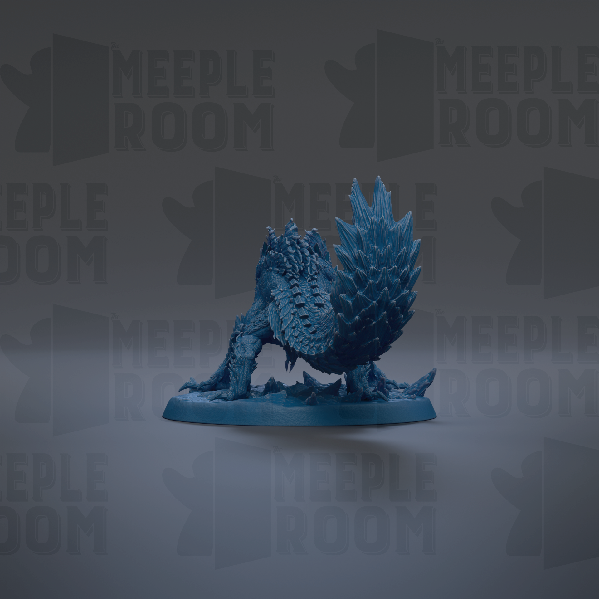 A blue, 3D-rendered creature resembling a dragon or serpent, sitting on a base and facing to the right.