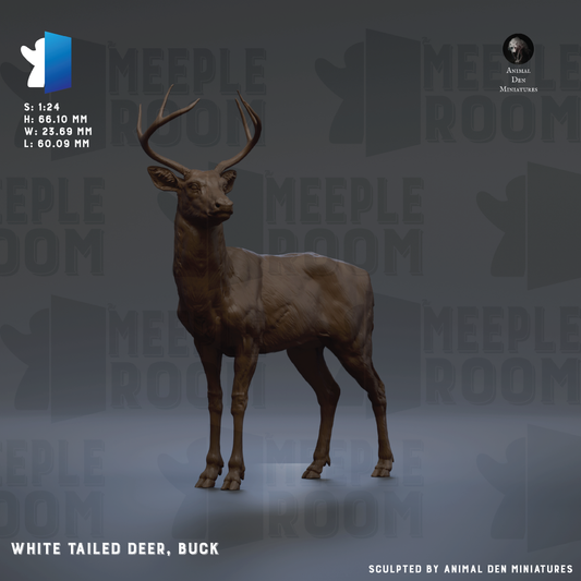 The image is a 3D model of a white-tailed deer, specifically a buck, displayed against a dark background with repeated text and logos.