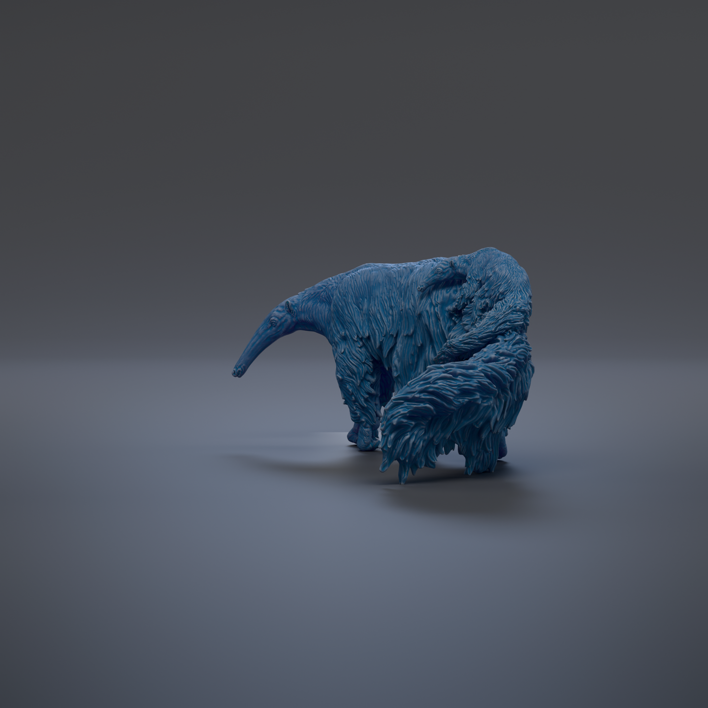 A blue, furry creature resembling a small animal or insect is shown in the center of the image, standing on a plain gray background.