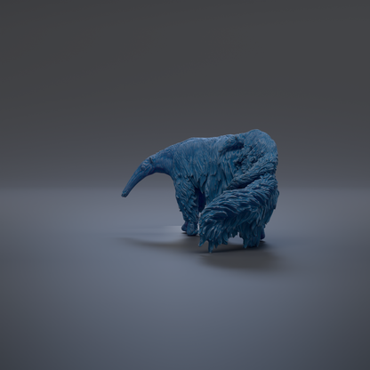 A blue, furry creature resembling a small animal or insect is shown in the center of the image, standing on a plain gray background.