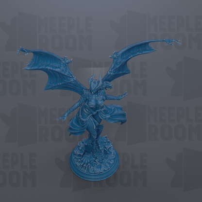 A blue, winged figurine with a flowing dress stands on a base, surrounded by repeated text and logos.